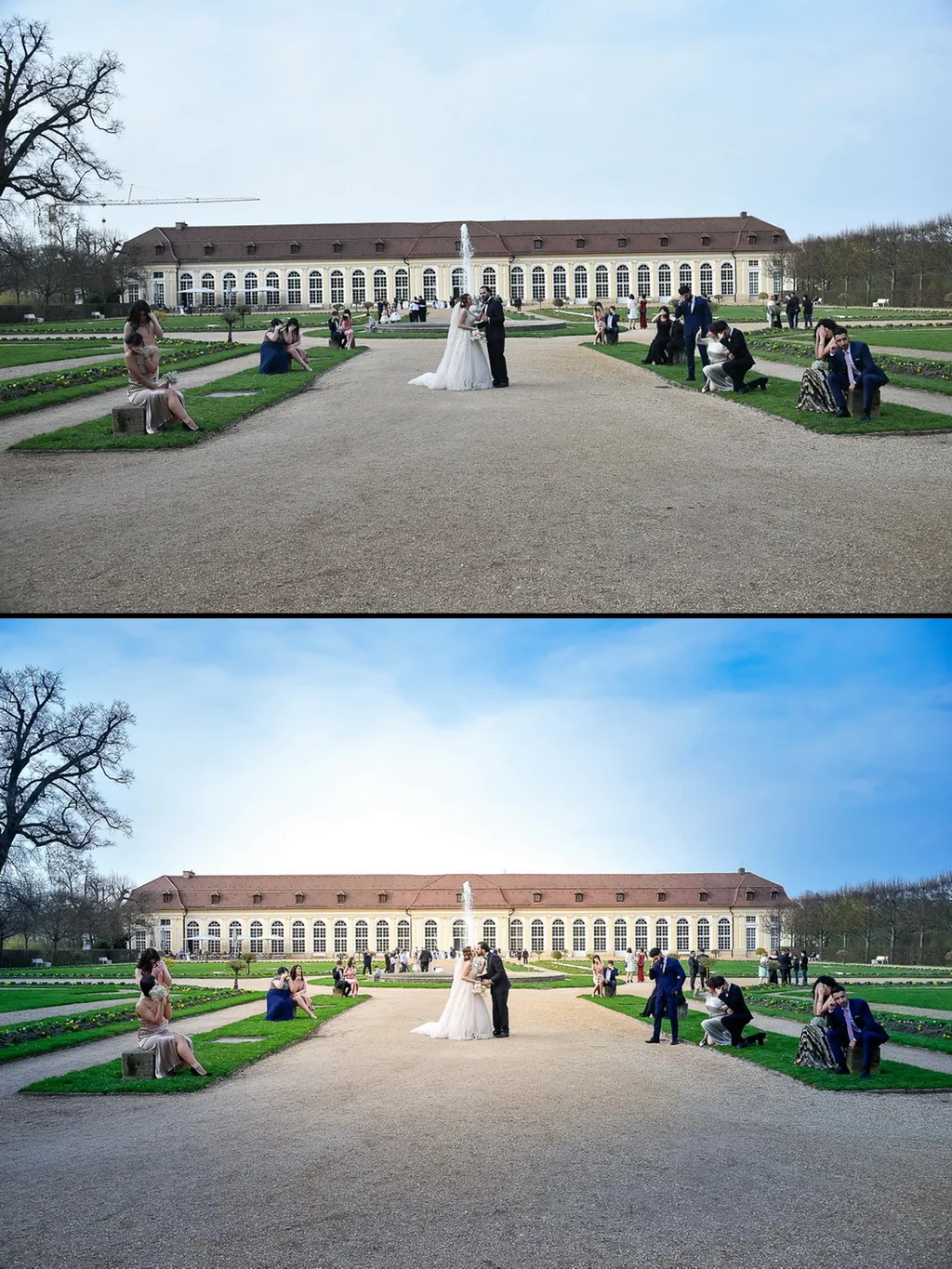 Brautpaar im Schlosspark, Vorher-Nachher-Vergleich