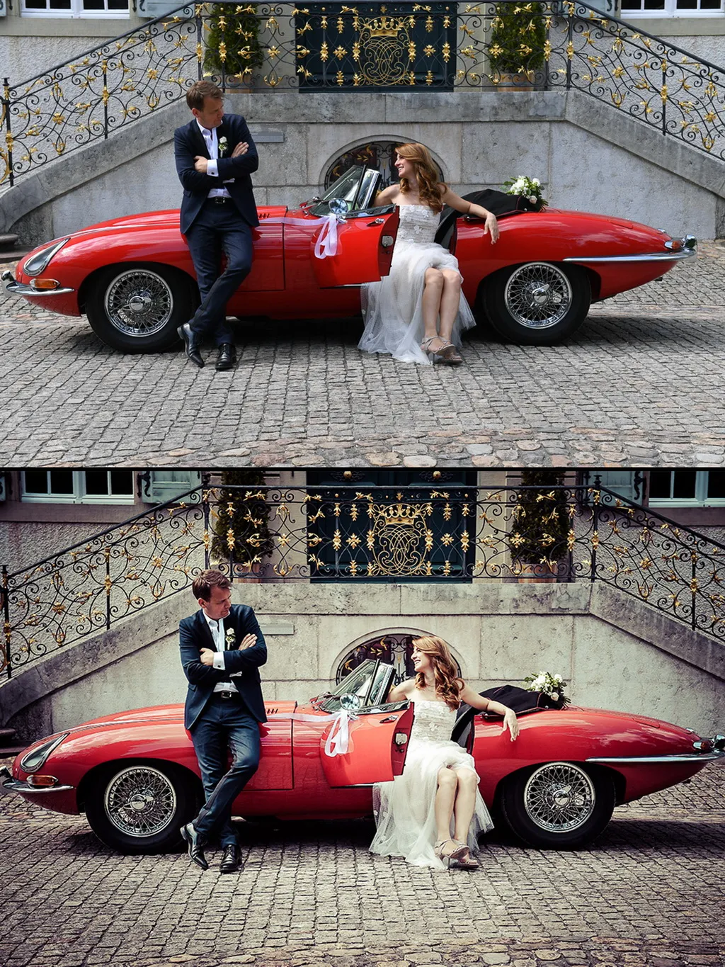 Brautpaar mit Jaguar Oldtimer, Vorher-Nachher-Vergleich